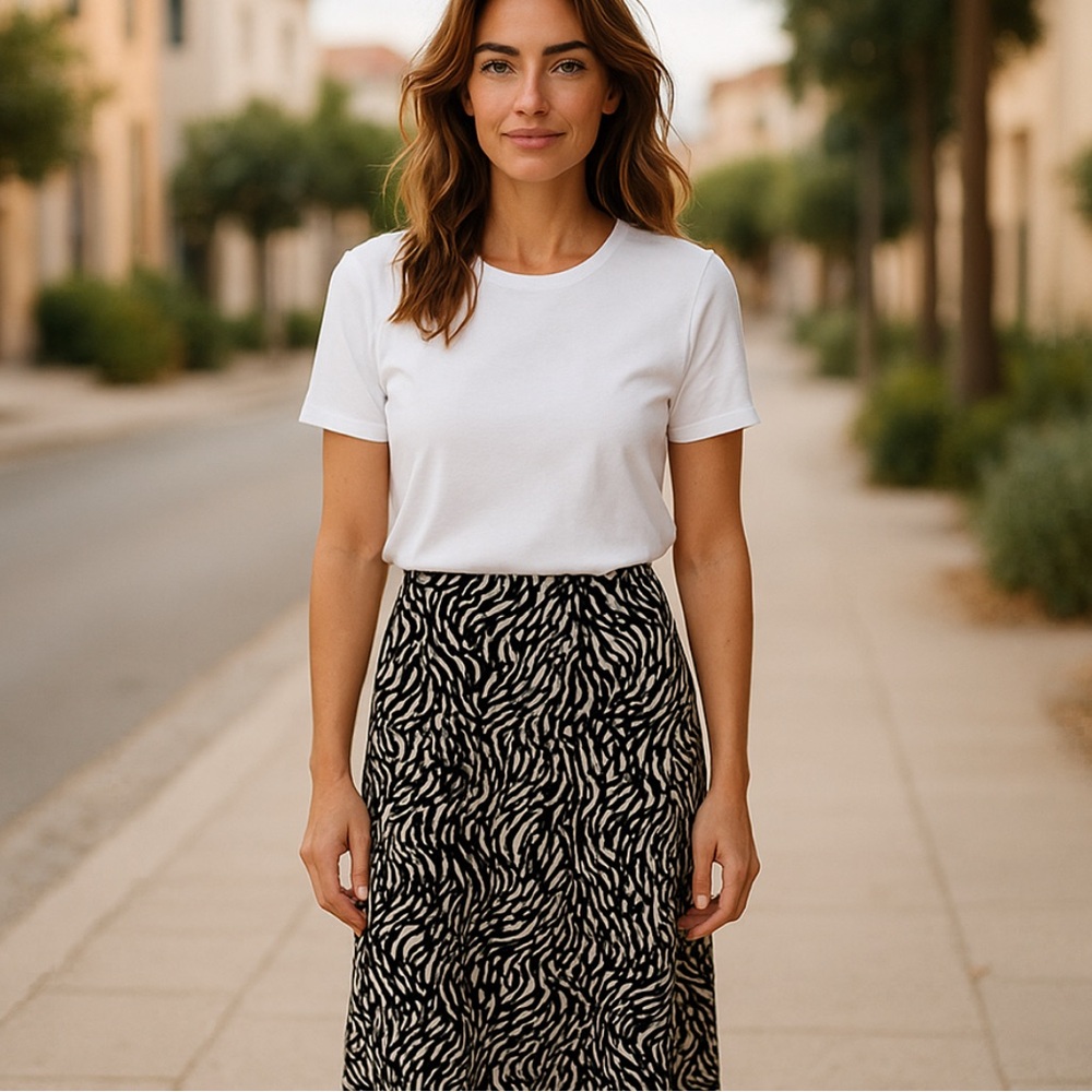 Nine West Maxi Skirt Black And White Animal print, Size Med